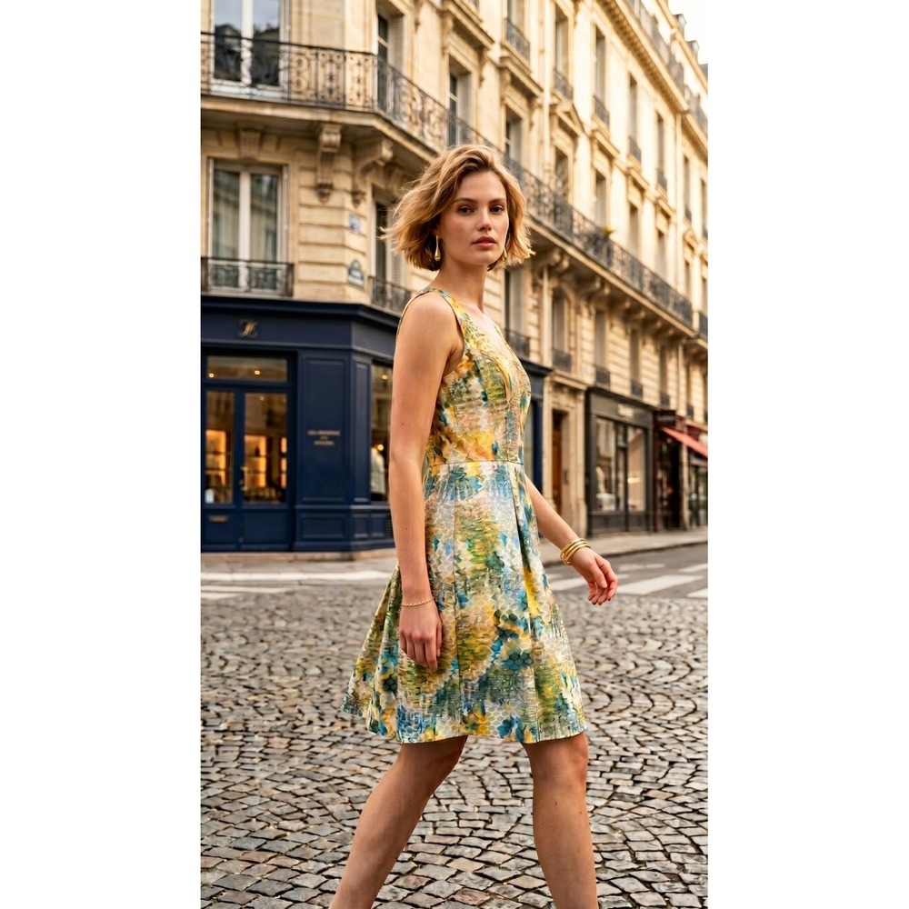Sleeveless Yellow Geometric Honeycomb Mesh Fit Flare Dress Sz 8 Party Career
